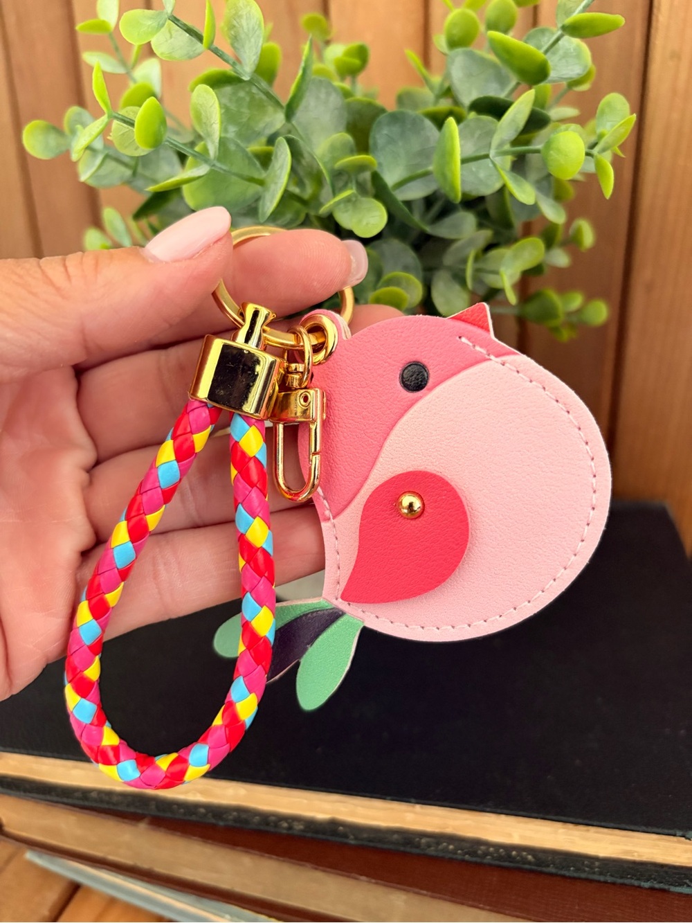 Novelty Bird Wristlet Key Holder, Bag Charm, Faux Leather Gold Tone